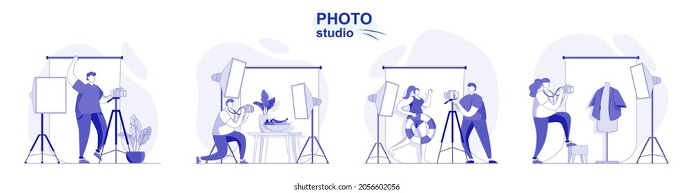 Photo studio isolated set in flat design. People take photos on professional camera with lights, collection of scenes. Vector illustration for blogging, website, mobile app, promotional materials.