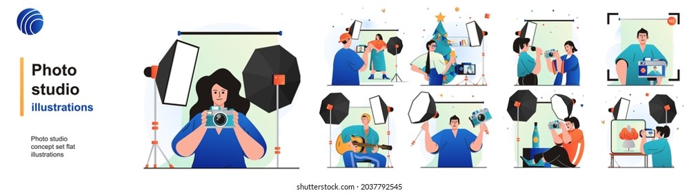 Photo studio isolated set. Photographers make professional photo session. People collection of scenes in flat design. Vector illustration for blogging, website, mobile app, promotional materials.