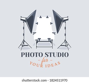Konzept für das Fotostudio-Label. Flaches Design-Element. Cartoon-Stiel. Vektorgrafik