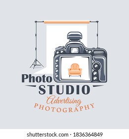 Concepto de etiqueta de estudio fotográfico. Elemento de diseño plano. Pieza de caricatura. Ilustración del vector