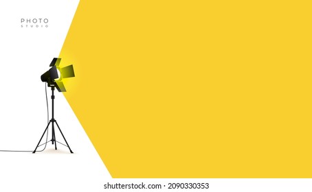 Photo studio lamp. Spotlight concept. Spotlight shines with yellow light from the left side. Place for text for your design. Vector illustration photo studio flashes light bulb icon. - Shutterstock ID 2090330353