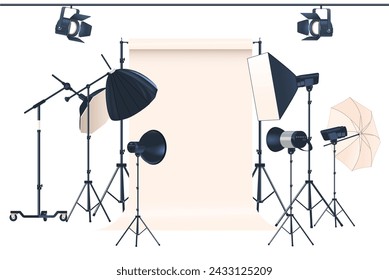 El Equipo De Luz Del Estudio De Fotografía Incluye Luces Clave, Luces De Llenado, Retroiluminación, Softbox, Paraguas, Soporte De Luz, Telón De Fondo