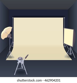 Photo studio with lighting equipment in cartoon style for any design