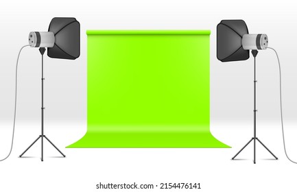 Photo Studio With Lighting Equipment And Green Back. EPS10 Vector