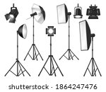 Photo studio lighting equipment and lights isolated vector objects. Realistic 3d spotlights and tripod stands with flash lamp, reflector and softbox, umbrella and floodlight, photographer lighting kit