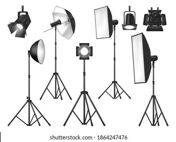 Photo Studio Lighting Equipment And Lights Isolated Vector Objects. Realistic 3d Spotlights And Tripod Stands With Flash Lamp, Reflector And Softbox, Umbrella And Floodlight, Photographer Lighting Kit
