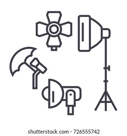 Photo Studio, Lighting Equipment vector line icon, sign, illustration on background, editable strokes