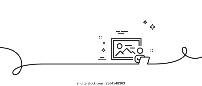 Icono de línea de estudio de fotos. Una línea continua con curl. Cartel fotográfico de la imagen. símbolo de marcador de posición de imagen. cinta de esquema simple del estudio fotográfico. Patrón de curva de bucle. Vector
