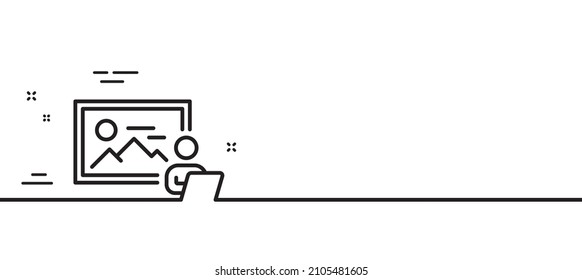 Bildstudio-Linie Symbol. Bildfotografie-Zeichen. Symbol für Platzhalter im Bild. Minimaler Hintergrund der Illustration. Bilderstudio-Linie Symbol-Muster-Banner. White Web Template Konzept. Vektorgrafik