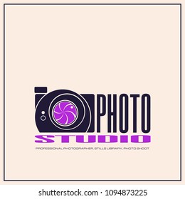Photo Studio logo, abstract image of the camera, lens shutter with the inscription. Useful for professional photography studio or photo gallery icon.