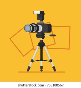 Photo studio logo with photo camera on tripod 3d flat vector illustration on photo-frame background