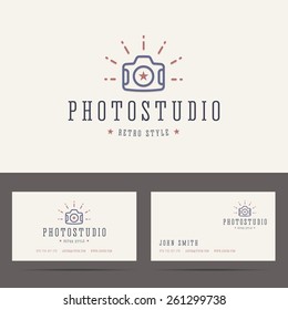 Photo Studio Logo In Retro Hipster Style And Business Card Template. Vector Illustration.