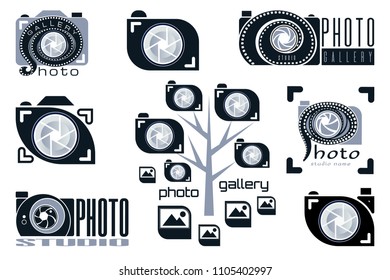 Photo Studio logo set, abstract image of the camera, lens shutter with the inscription. Useful for professional photography studio or photo gallery icon.