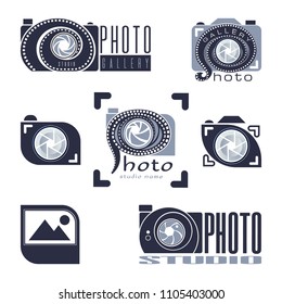 Photo Studio logo set, abstract image of the camera, lens shutter with the inscription. Useful for professional photography studio or photo gallery icon.
