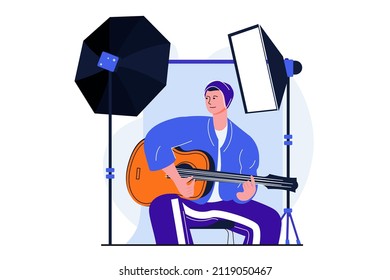 Photo studio modern flat concept for web banner design. Man plays guitar and poses for professional photographer. Musician at photoshoot in studio. Vector illustration with isolated people scene