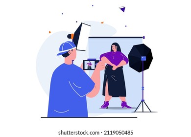 Photo studio modern flat concept for web banner design. Male photographer doing photo session for posing model in professional studio with spotlights. Vector illustration with isolated people scene