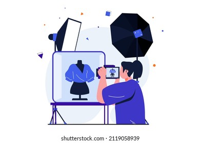 Photo studio modern flat concept for web banner design. Woman doing advertising photoshoot and photographing fashion clothing in studio with spotlights. Vector illustration with isolated people scene