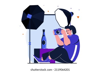 Photo studio modern flat concept for web banner design. Woman doing advertising commercial photoshoot and photographing bottle in studio with spotlights. Vector illustration with isolated people scene