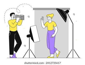 Fotostudio modern linear. Mann mit Kamera, der fotografiert wird. Paparazzi und Fotograf mit Modell in der Nähe von Softbox. Ästhetik und Eleganz. Doodle-flache Vektorgrafik einzeln auf weißem Hintergrund