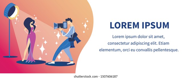 Photo Studio with Operator Shooting Actress under Spotlight Projector. Photographer Make Photo of Famous Celebrity, Fashion Super Star on Event Cartoon Flat Vector Illustration, Horizontal Banner
