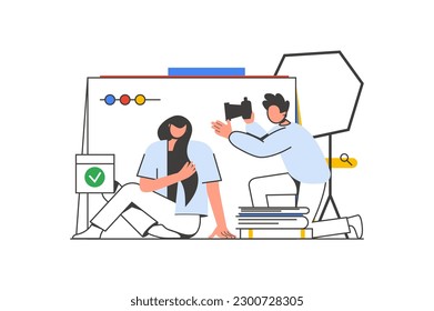 Photo studio outline web concept with character scene. Woman posing for photographer at profession shoot. People situation in flat line design. Vector illustration for social media marketing material.