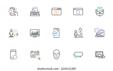 Photo studio, Packing boxes and Recovery internet line icons for website, printing. Collection of Approved phone, Statistics, Search calendar icons. Recovery phone, Lock. Vector