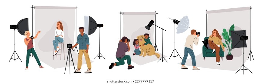 Fotostudio. Die Leute arbeiten mit professionellen Fotografen zusammen. Kinder oder Tiere stellen sich für Bilder. Fotografischer Hintergrund und Scheinwerfer. Kameramann-Schnappschüsse