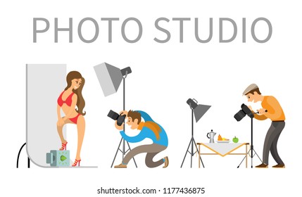 Photo studio photographer and model in swimsuit. Professional light focusing spotlight, photographing equipment. Man photographing food on table vector