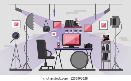 Photo studio and photographer's room. With a computer for processing and equipment for shooting (tripods, reflectors, camera, lenses, photographs, lighting equipment). Stylish illustration of a photo 