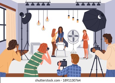 Photo studio. Photographers shoot models in studios, or romantic, family with children and subject shooting, people with professional cameras and studio equipment. Vector cartoon scenes set
