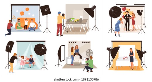 Photo Studio. Photographers Shoot Models In Studios, Fashion Or Romantic, Family With Children And Subject Shooting, People With Professional Cameras And Studio Equipment. Vector Cartoon Scenes Set