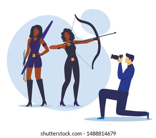 Photo Studio, Photoshoot Flat Vector Illustration. Professional Cameraman and Cosplay Models Cartoon Characters. Young Women in Archer Outfits Holding Bows and Arrows. Photographer Profession