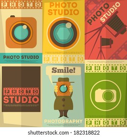 Photo Studio Poster. Set of Photographic Placards in Flat Design Retro Style. Vector Illustration.