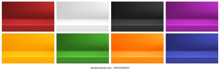 Photo studio realistic backgrounds of different color. Vector modern simple empty places, table for exhibition or display of product or goods, advertising or presentation. Interior design