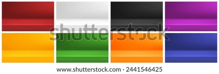 Photo studio realistic backgrounds of different color. Vector modern simple empty places, table for exhibition or display of product or goods, advertising or presentation. Interior design