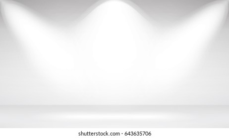 Photo Studio Room. Empty White Interior. Gallery Interior With Empty Wall And Lamps. Vector Illustration.
