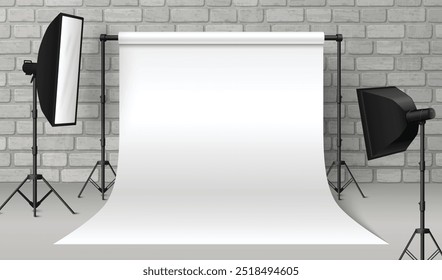 Photo studio room interior with white paper backdrop on tripod holders, professional spot light with softbox, grey brick wall and floor. Realistic 3d vector mockup of photographer setup with equipment