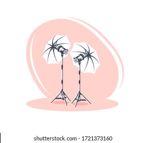 Photo studio scene isolated on white background. Flat style. Photo studio concept. Vector illustration