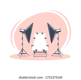 Photo studio scene isolated on white background. Flat style. Photo studio concept. Vector illustration