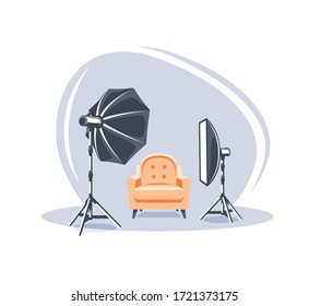 Photo studio scene isolated on white background. Flat style. Photo studio concept. Vector illustration