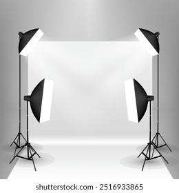 Estudio fotográfico con pantalla y lámparas. Ilustración vectorial