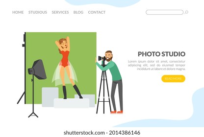 Landing Page von Fotostudio und Fotositzung mit Frau vor Fotograf mit professioneller Vektorgrafik