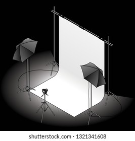 A photo studio set up with a backdrop, umbrella flash lights on tripods, and a camera. On a dark background.