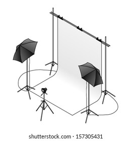 A photo studio set up with a backdrop, umbrella flash lights on tripods, and a camera.