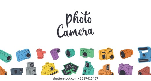 Photo studio set banner. Professional photo equipment. Video and action cam, instant camera, film strips, photo frames, external flash.