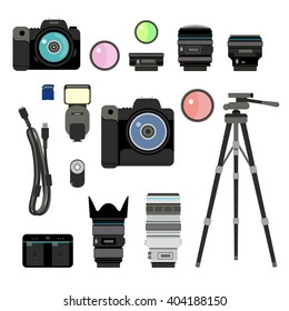 Photo studio set, camera elements. Isolated on white background.