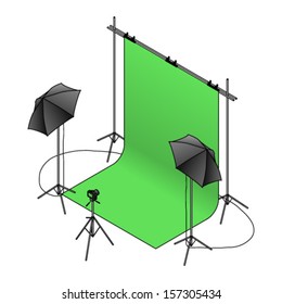 A Photo Studio Set Up With A Green Screen Backdrop, Umbrella Flash Lights On Tripods, And A Camera.