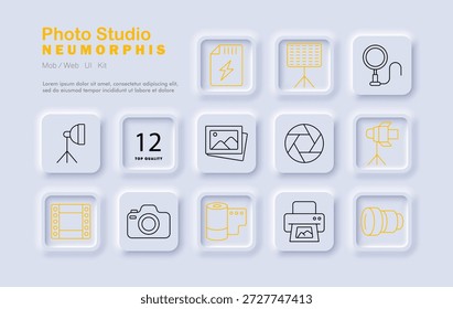 Ícone do conjunto de estúdio de foto. Câmera, flash, lente, softbox, luz, impressora, galeria, filme, quadro, abertura, holofote engrenagem para fotografia e tiro