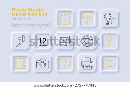 Photo studio set icon. Camera, flash, lens, softbox, light, printer, gallery, film, frame, aperture, spotlight gear for photography and shooting