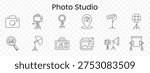 Photo studio set icon. Outline photography equipment, camera body, tripod camera, ring light, location pin camera, video light, studio lamp, magnifier photo, umbrella light, photo printer